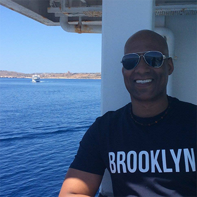 Carlton on boat in the middle of the sea