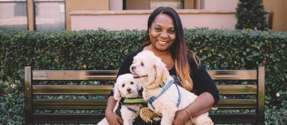 person sitting on bench with two dogs on their lap